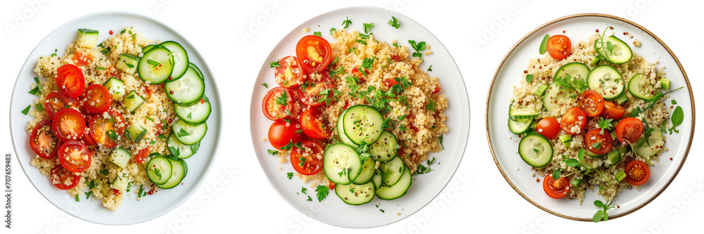 Poster collection of plates of quinoa salad with sliced cucumber and cherry tomatoes top view isolated on a