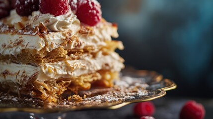 Napoleon cake decorated with berries and mint. Multilayer cake with custard. Traditional French dessert. Food photography