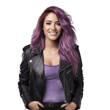 front view mid body shot of a bisexual woman in a leather jacket with long purple hair, smiling isolated on a white transparent background
