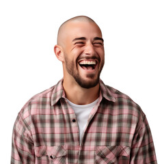 front view mid body shot of a gay man in a checkered shirt with a buzz cut, laughing isolated on a white transparent background.