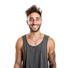 Fototapeta premium front view mid body shot of a gay man in a tank top with a top knot, smiling isolated on a white transparent background.