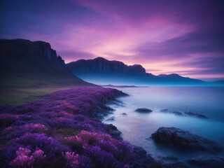 Fototapeta na wymiar purple sky and sea nature background. Generative AI