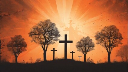 _A_silhouette_of_three_crosses_with_trees_