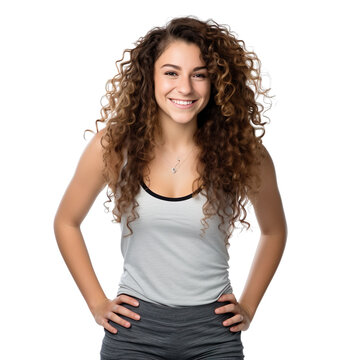 front view mid body shot of a lesbian in a tank top with long curly hair, smiling isolated on a white transparent background