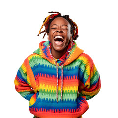 front view mid body shot of a queer person in a hoodie with multicolored braids, laughing joyfully isolated on a white transparent background - obrazy, fototapety, plakaty