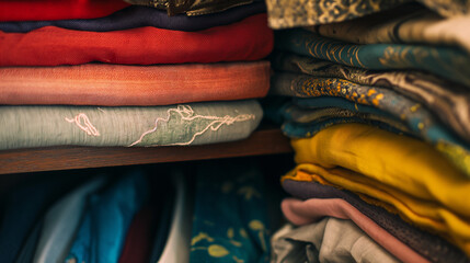 Organized closet, tidy, colorful, textile textures. 