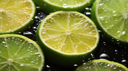 Clear water droplets surrounded by vibrant slices and half of fresh lime. Generative Ai.