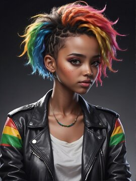 cute ethiopian girl, black background, rainbow short messy hair, looking at another point, illustration, wearing black leather jacket