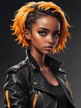 cute ethiopian girl, black background, yellow orange black short messy hair, looking at another point, illustration, wearing black leather jacket