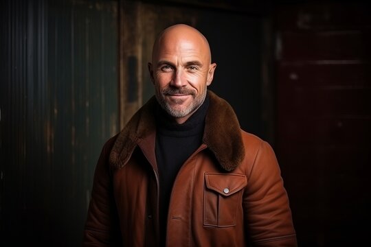 Portrait of a handsome middle aged man in a brown leather jacket
