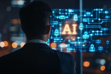 Business man from the back looking at a hologram shining with glowing text "AI" and a chatbot icon, futuristic