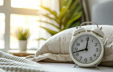 Alarm clock in the morning bedroom