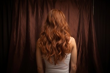 Viewed from the rear, long auburn hair flows in natural waves. Generative Ai. - obrazy, fototapety, plakaty