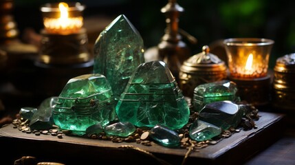 Emerald green esoteric orgonite jewelry on a vintage wooden table,
