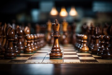 On an old chessboard, an antique wooden chess set. Generative Ai.