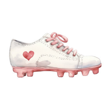 Watercolor illustration of American football cleats with painted heart isolated on background, American Super Bowl Clipart, Valentin's day concept.