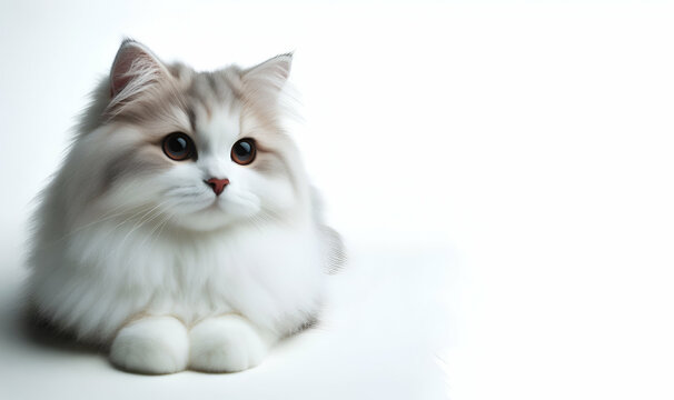 Very cute young bicolor cat sitting straig ht Happy cute cat on white background, generative ai