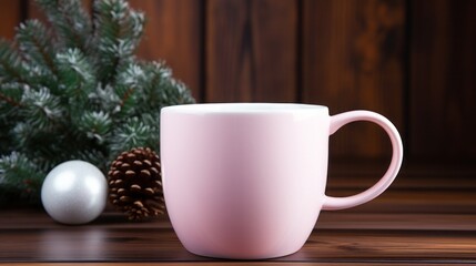Obraz na płótnie Canvas A person holding a blank white mug with a pink handle warm pine forest background