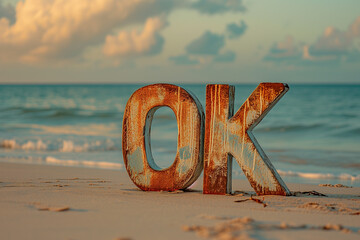 「OK」と書かれた看板　砂浜　海　波　海岸　標識　許可 - obrazy, fototapety, plakaty