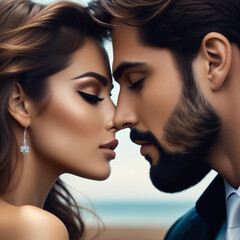 Incredible and deep tenderness between man and woman. Beautiful couple in love. Close up of a smiling beautiful young couple. Honeymoon, romantic picture