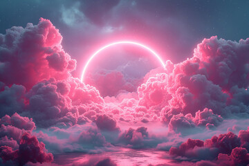 Immerse yourself in the magic of a puffy pink cloud radiating with soft lights in the sky an artistic portrayal of wonder made possible by AI generative technology.