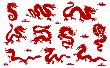 9 Dragon icons set. silhouette dragon chinese new year vector illustration. 