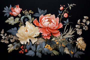 Elegant and detailed this floral composition on a dark backdrop is a testament to the marriage of creativity and technology. Witness the beauty of nature through AI generative artistry.