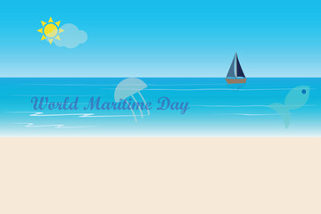 Fototapeta na wymiar Sea landscape with boat, sand, fish and jellyfish and the text world maritime day