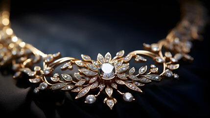 Closeup of gold necklace along with diamonds - obrazy, fototapety, plakaty