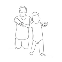 Continuous single line sketch drawing of father dad teaching child to walk and playing. One line art of love parenting family concept vector illustration
