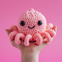 A Picture of a Crocheted Cute Octopus, Pink background.