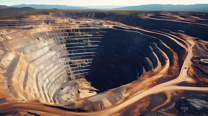 World's biggest open-pit mine, drone or aerial view. Canyon copper mine. Diamond mining in quarry. Largest open-pit