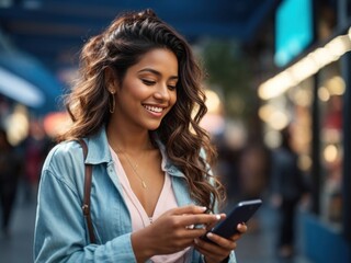 beautiful Women using phone and smiling. Generative AI