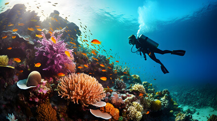Scuba diving in tropical sea coral reef - obrazy, fototapety, plakaty