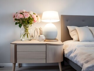 Bedroom nightstand with flowers and lamp. The flowers add a touch of color and life to the otherwise neutral image.