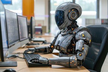 Robot working on computer at office desk
