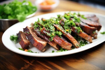 ribs on a platter garnished with parsley