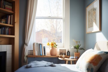 b&b bedroom with a reading nook by the window and a stack of books