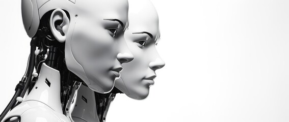 Row of humanoid robots with sleek designs against a white background, concept of futuristic technology and AI.