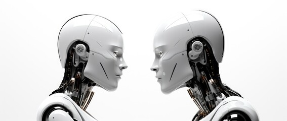 Row of humanoid robots with sleek designs against a white background, concept of futuristic technology and AI.
