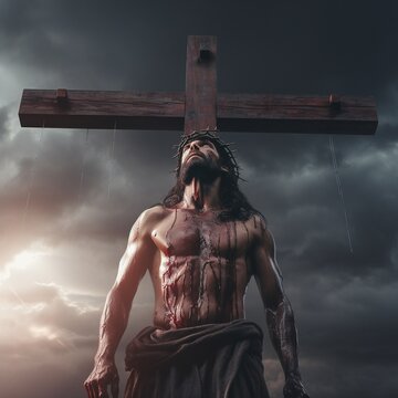 Jesus Christ on the cross in the stormy sky. Conceptual image.AI.