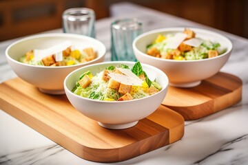 bowls of caesar salad with croutons and parmesan shavings