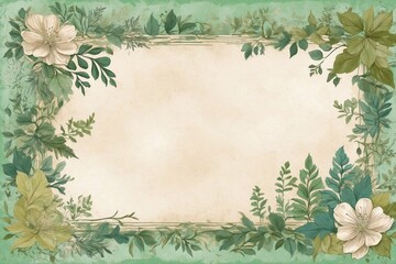 watercolor green leaves and herbs frame, delicate florals on paper, aged paper designs, writing space, nature-inspired card canvas, perfect for greetings, congratulations, wedding