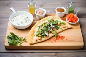calzone on a board, surrounded by ingredients
