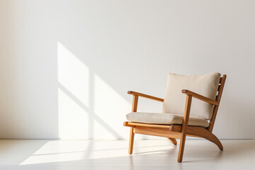 Minimal interior armchair zen style wooden chair in front of empty white wall