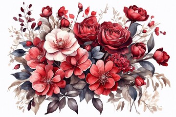 watercolor red flowers, bright floral composition, design for wedding cards on white, design for greetings and invitations