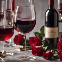 Fototapeta na wymiar Composition with red wine in glasses, red rose and decorative,Happy Valentine's Day
