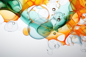 Calm swell of orange, blue, and green bubbles on white. Generative Ai.