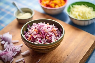 Obraz na płótnie Canvas diced red onion and shredded cheese toppings beside chili bowl