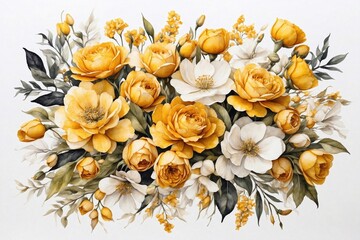 bouquet of watercolor yellow flowers, designs for weeding cards on white background, perfect for cards, greetings and invitations